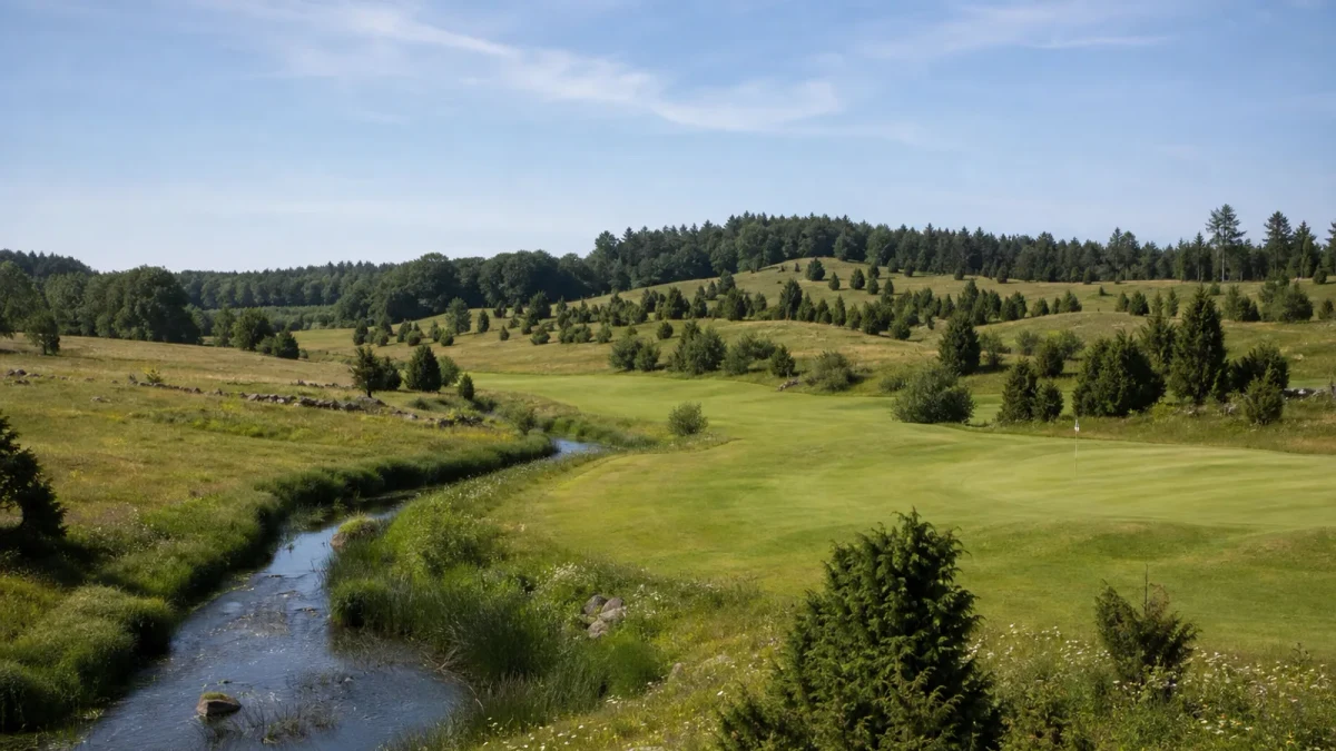 Lätt kuperad golfbana med hagmark, enbackar och vatten vid Gärdebyn