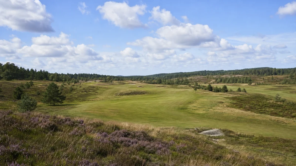 Golfare spelar längs en fast fairway på Södra banan i det öppna landskapet vid Billingen