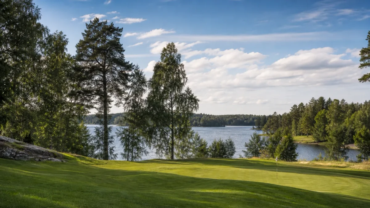 Välskött fairway och green i Roslagsnatur intill sjön Sparren