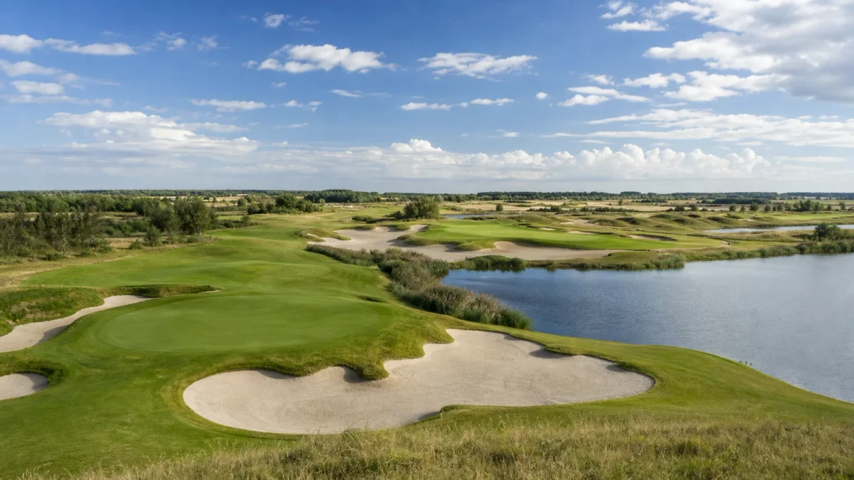 Vatten, stora bunkrar och en green på Lakes Course i Bara