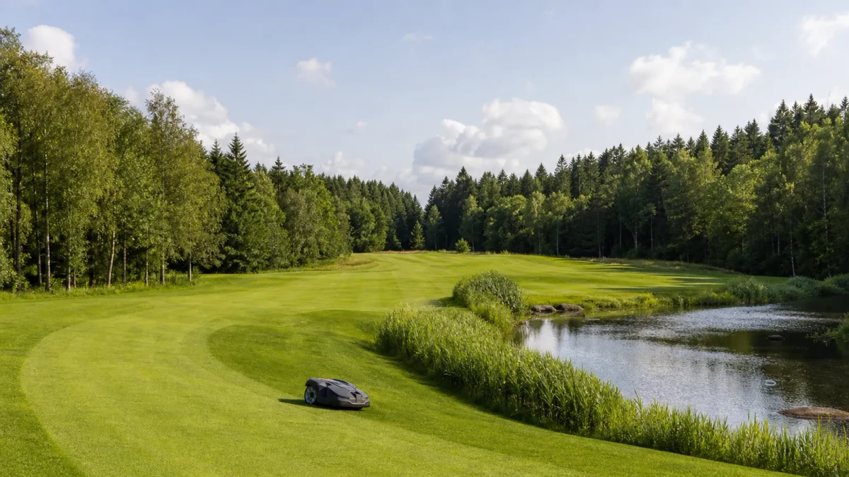 Öppen fairway, skog och robotklippare på Tönnersjö Golfklubbs 18-hålsbana
