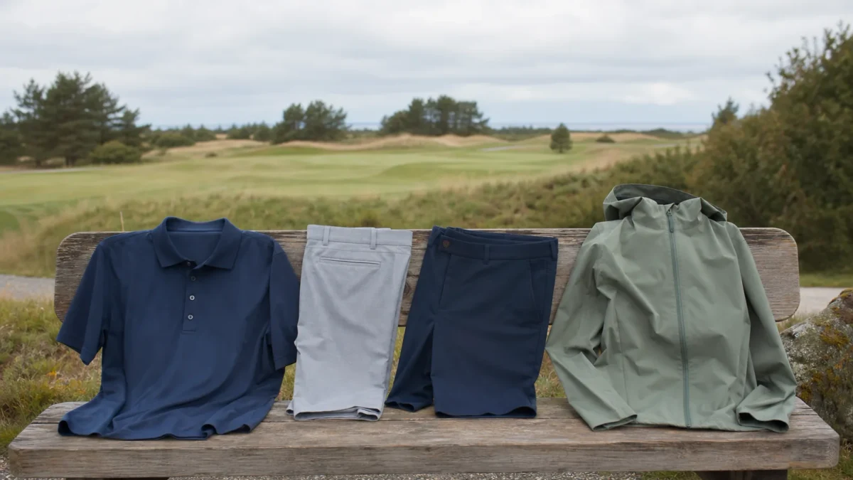Piké, golfbyxor, shorts och regnjacka prydligt arrangerade på en bänk