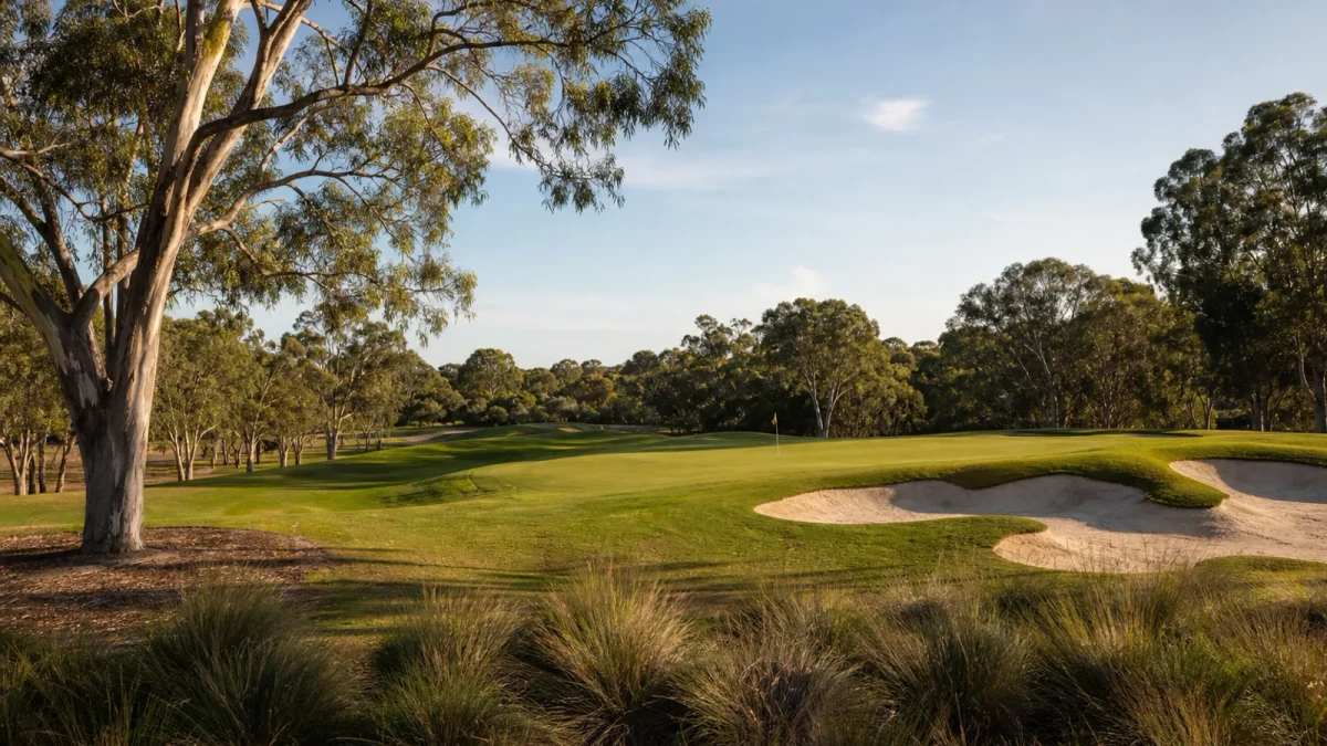 Golfbana i australisk miljö med fairway, green och bunkrar