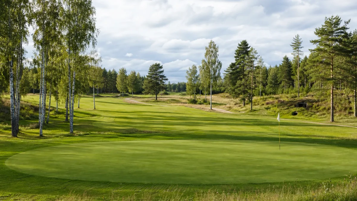 Golfbana i svensk miljö med green och flagga