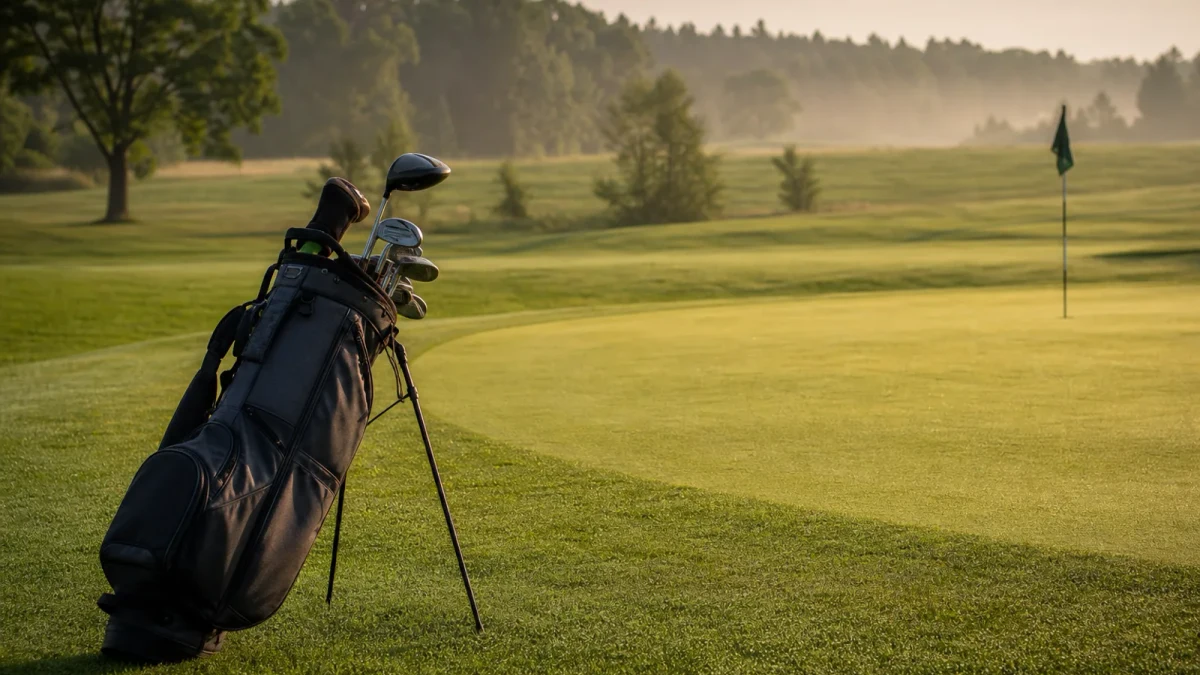 Golfbag vid greenen på en golfbana i mjukt morgonljus