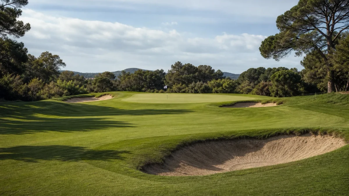 Golfbana med fairway, green och bunkrar i mjukt dagsljus