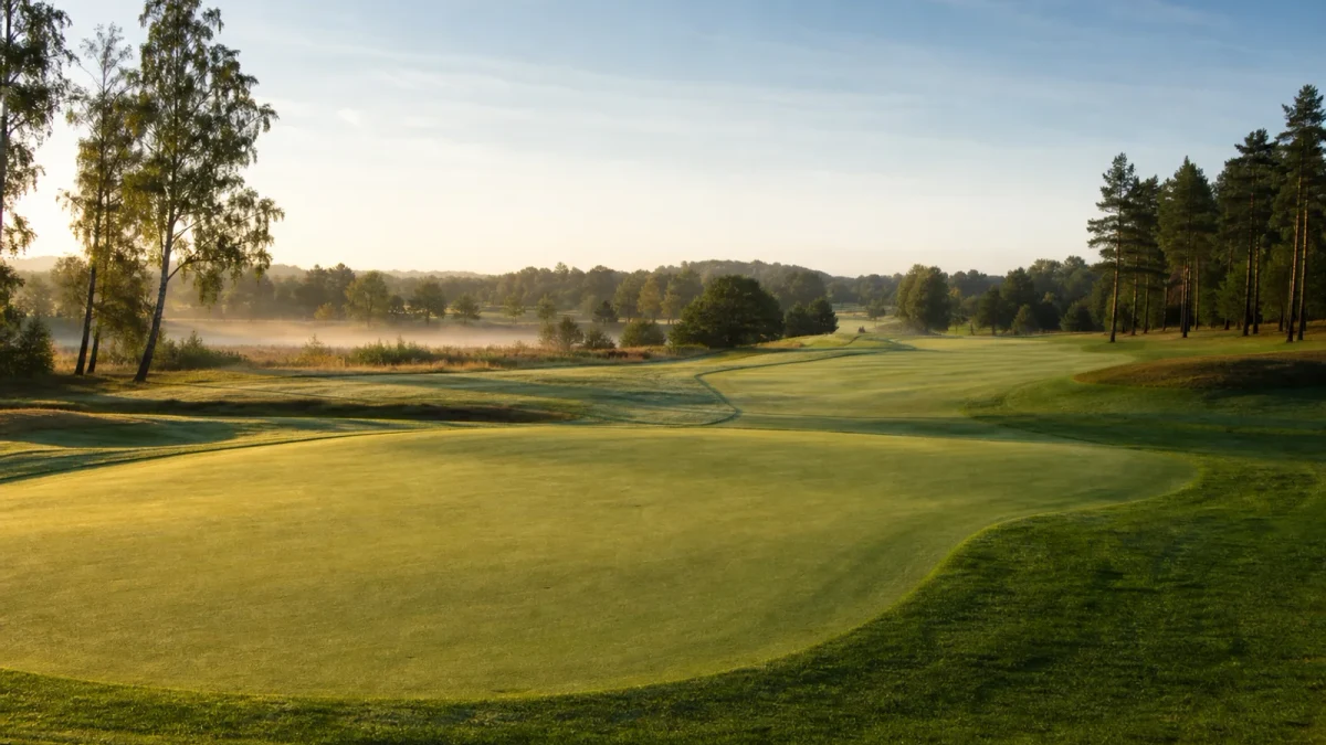 Golfgreen på en välskött bana i mjukt morgonljus