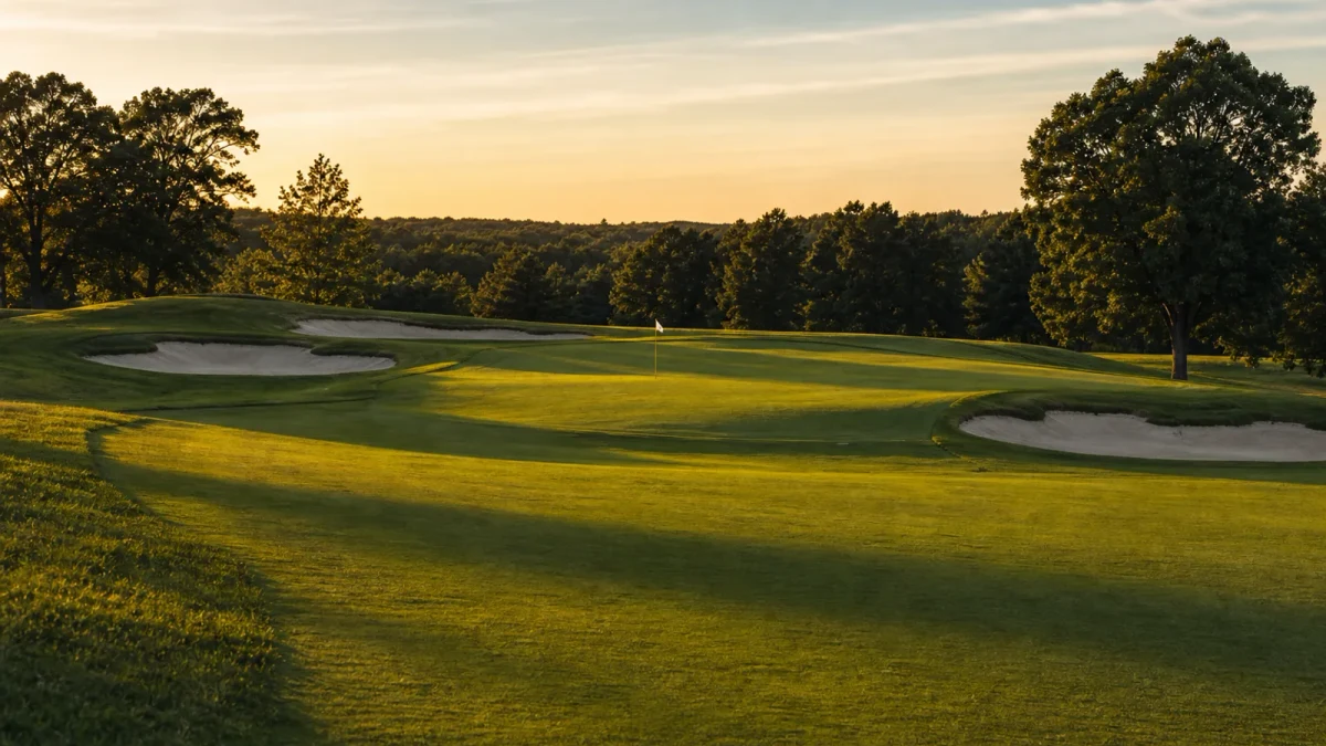 Golfbana med fairway, green och bunkrar i varmt kvällsljus