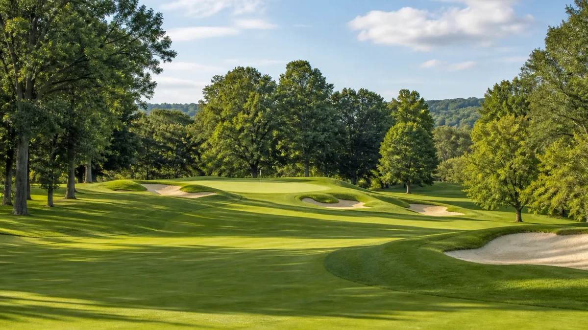 Golfbana med fairway och green i dagsljus