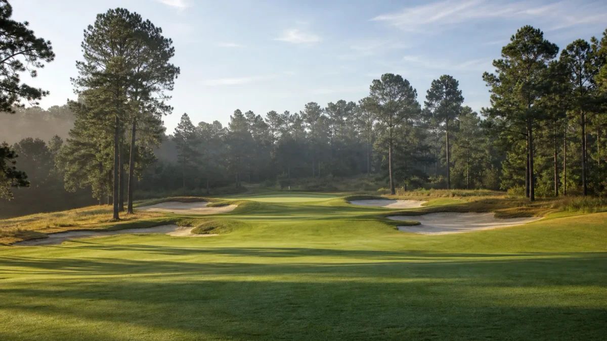 Golfbana i Georgia med fairway, green och tallar i mjukt morgonljus