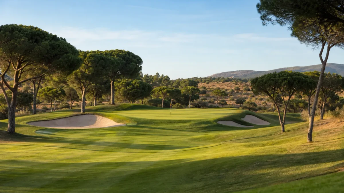 Golfbana i spansk miljö med fairway, green och pinjeträd