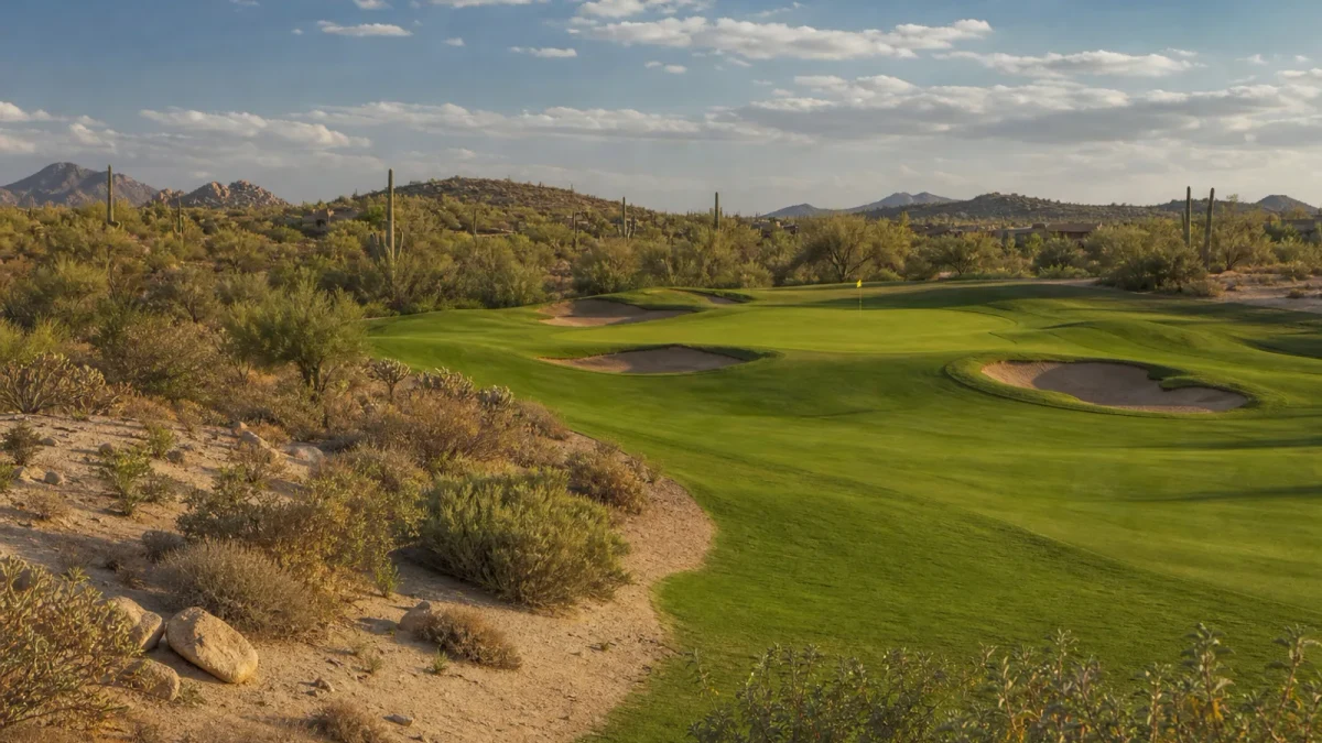 Golfbana med bred fairway, bunkrar och green i ökenlandskap