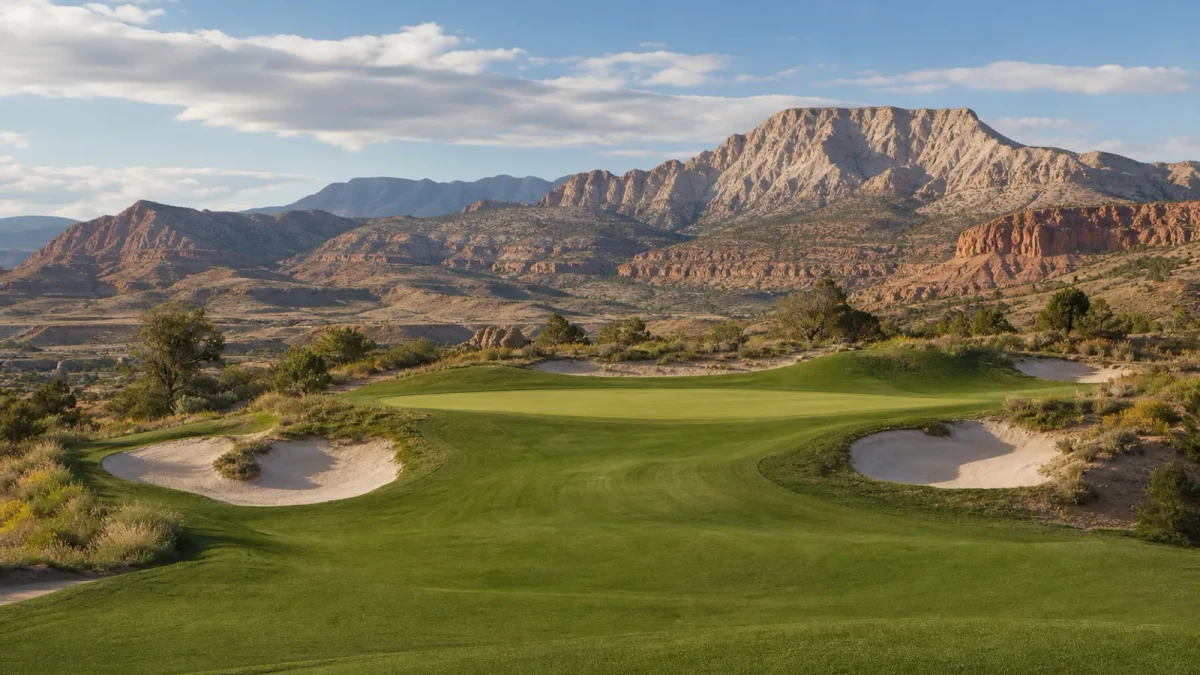 Golfbana i Utah med fairway, green och berg i bakgrunden